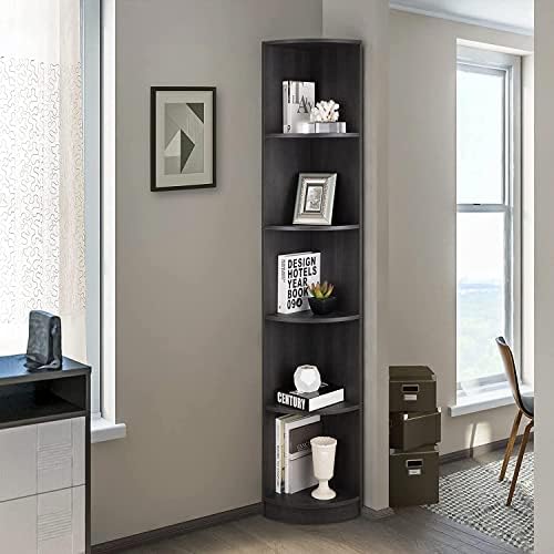 ICE ARMOR 5 Tier Corner Bookcase Wooden Display Bookshelf Storage Rack Multipurpose Shelving Unit for Living Room Home Office in Black Finish, (99JET100-2022-15)