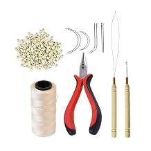 Hair Extensions Tool Kit 200 Pcs Silicone Lined Micro Links Beads, 1 Three Hole Hair Pliers, 1 Roll Sewing Thread, 1 Loop Needle Threader, 1 Pulling Hook Needle, 8 Sewing Needles Blonde