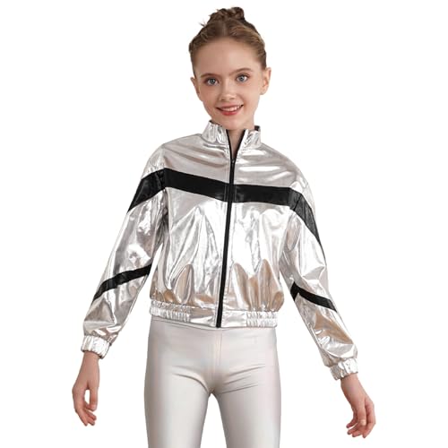 Kids Girls Shiny Metallic Bomber Jacket for Hip Hop Jazz Disco Party Dancing Performance Show