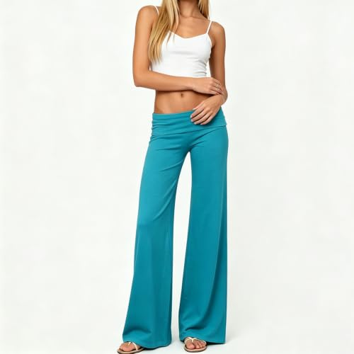 Image of Lounge Yoga Pants for Women Fold Over Low Waist Wide Leg Bell Bottoms