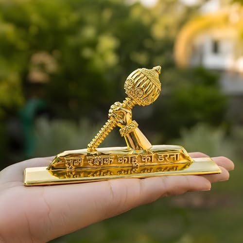 Image of Hanuman Gada Idol for Car Dashboard (Height - 5.5cm)| Bajrangbali /Anjaneya with inchTum Rakshak Kahu Ko Darna inch Quote | Gold Plated Vastu Protection Showpiece & Spiritual Gift (Brass)
