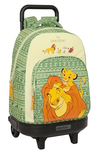 Safta Mufasa - Mochila Grande con Ruedas, Compacta, Extraíble, Ideal para Niños de Diferentes Edades, Cómoda y Versátil, Calidad y Resistencia, 33x22x45 cm, Color Verde/Beige