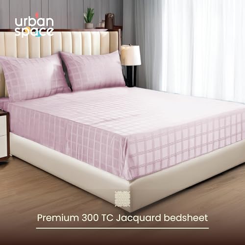 Image of Urban Space 100% Cotton 300TC Jacquard Fitted bedsheets for King Size Bed, Pure Cotton Bedsheet King Bed, Checks Fitted bedsheet King Size with 2 Pillow Covers (72 x 78 Inches, Pink Checks)