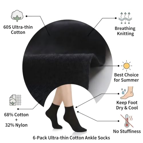 Image of EABERN Womens Thin Cotton Socks,Soft Breathable Casual Above Ankle Crew Socks 6 /9 /12 Pairs