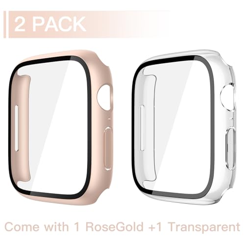 Image of Misxi [2 Pack] Waterproof Hard Case with Tempered Glass Compatible with Apple Watch Series 11 (2025) Series 10 42mm, Overall Protective Cover for iWatch Screen Protector, 1 Rose Gold + 1 Transparent