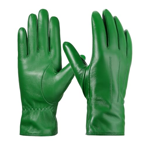 BISON DENIM Sheepskin Leather Gloves for Women - Cashmere Lined, Touchscreen & Driving Gloves for Winter Cold Weather, Green, M