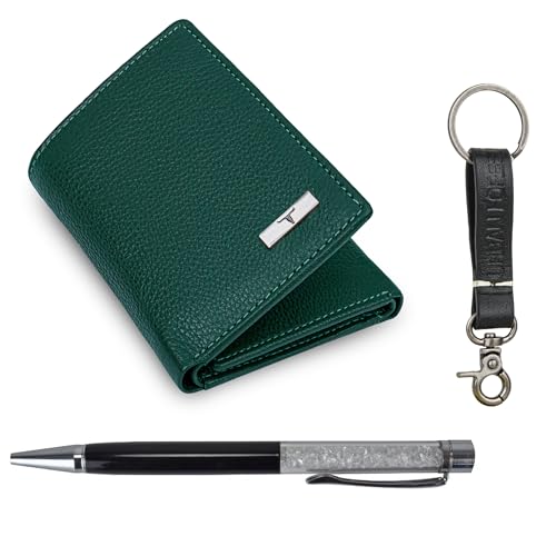 Image of URBAN FOREST Theo Green Leather Wallet, Diamond Pen & Keychain Combo Gift Set for Men
