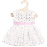 Traumhaftes Puppenkleid in weiß, mit Blumenröschen übersäht und einem dezenten rosa Gürtel um die Taille. Der Artikel wird auf einem praktischen Holzkleiderbügel geliefert