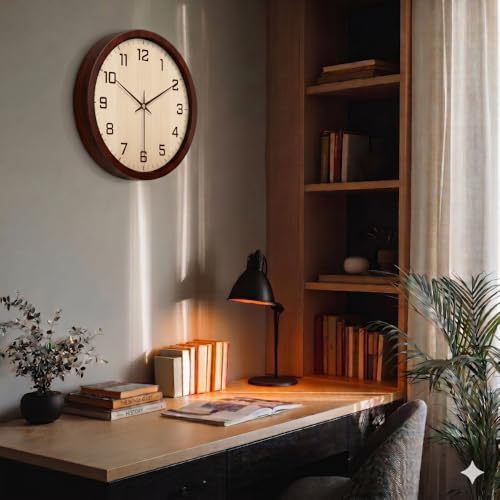 Image of STAR WORK Silent Non-Ticking Wall Clock 12 inch Inch Analog Clock & LCD Display | Calendar Date, Day, Temperature, Operated Decorative Clock for Living Room, Kitchen, Bedroom,Office (Cream Brown)