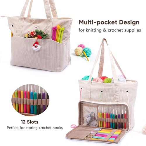 Image of MYBAGZING Large Corduroy Yarn Bag - Tote for Crochet Hooks & Accessories - Knitting Storage Bag