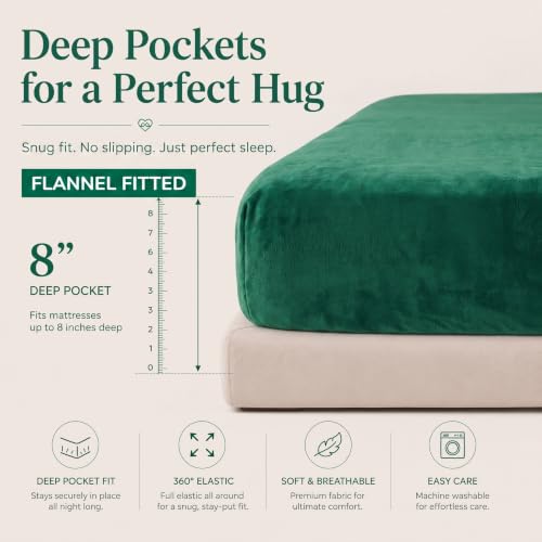 Image of BSB HOME 280 GSM Warm Plush Fitted Bedsheet, Soft Cozy Stretchable Mattress Sheet with Elastic Fitted Corners, Comfortable Winter Bedding for Double Bed, 72 x 78 + 8 Inches(183x198+20 cm) - Jade Green