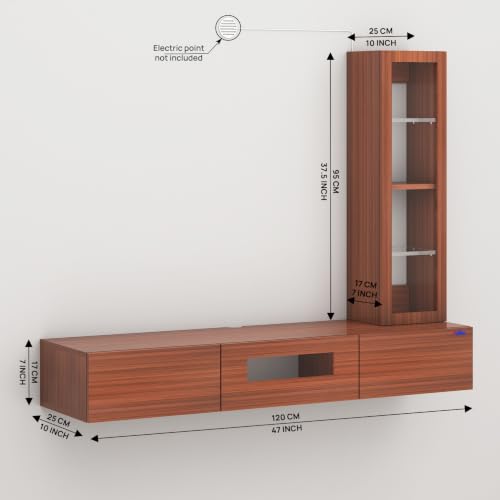 Image of Anikaa Lucen Ultra Modern Wall-Mounted TV Unit with Storage Cabinet and Light | 3 Flip-Down Storage Doors, Acrylic Shelves & Engineered Wood Construction | Fits Up to 43 Inch TV | Walnut Finish | DIY