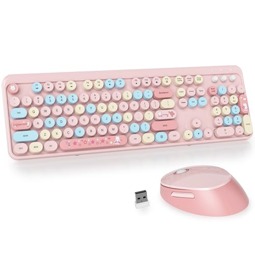 Image of GTSP Typewriter Pink Keyboard and Mouse Wireless, Full-Size Colorful Cute Office Keyboard 2.4GHz with Number Pad for Desktop Laptop and PC (Colorful Pink)