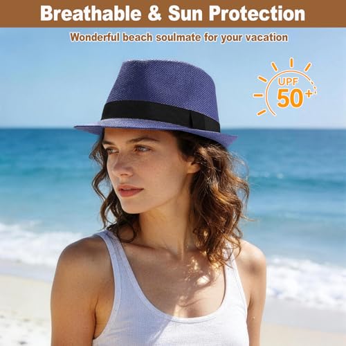Image of Straw Fedora Hats for Men Women, 1920s Short Brim Trilby Panama Hat Summer Beach Sun Cap