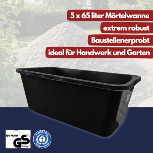Mörtelkästen 65-90 liter | Mörtelkübel rund oder eckig | Kunstoff-Wannen in Markenqualität | Pflanzkübel für Hochbeet (5 x 65l eckig)