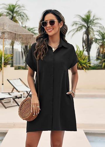 Womens Bathing Suit Cover Ups Summer Shirt Dress Casual Short Sleeve Button Down Beach Shirts with Pockets - Main Image