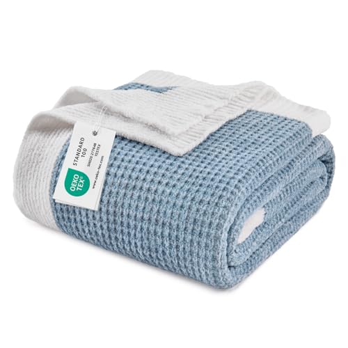 Image of BEDELITE Soft Cozy Chenille Waffle Knit Throw Blanket,Farmhouse Boho | ideal gift,fuzzy,fluffy,warm,for sofa or bed,room decor,breathable all season,lightweight,machine washable,60*80 blue