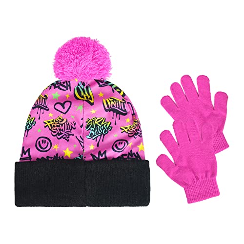 Concept One That Girl Lay Beanie Hat and Gloves Set, Kids Cuffed Winter Knit Cap with Pom and Mittens2