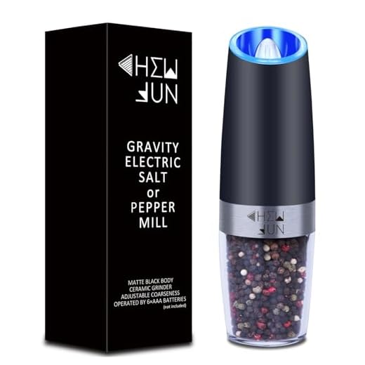 Electric Gravity Pepper Grinder or Salt Mill with Adjustable Coarseness Automatic Pepper Mill Grinder Battery Powered with Blue LED Light,One Hand Opetated Brushed Stainless Steel by CHEW FUN
