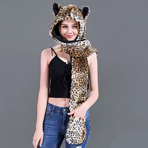 Women Faux Fur Animal Hood Scarf with Glove Pocket Winter Soft Warm Fuzzy Furry Hoodie Ear Flaps Hat, Scarf & Mitten Combo3