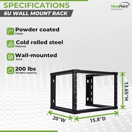 Image of NavePoint 6U Wall Mount Rack - Server Rack for 19 Inch IT Equipment Open Frame Rack - Network Rack for AV & Server Equipment 16 inch Deep Rack, Black