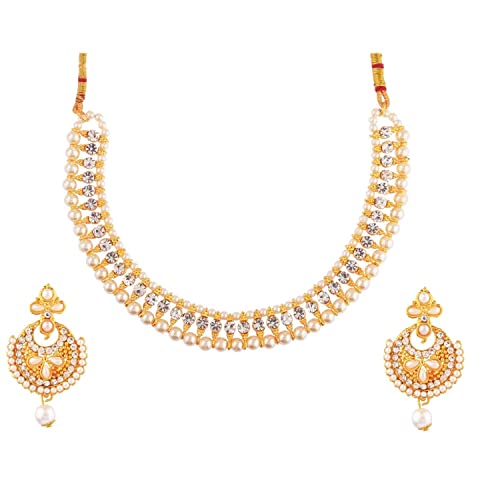 Efulgenz Indian Pearl Necklaces for Women Beaded Necklace Faux Pearl Crystal CZ Cubic Zirconia Choker Necklace Earrings Jewelry Set for Women Bollywood Wedding Jewellery