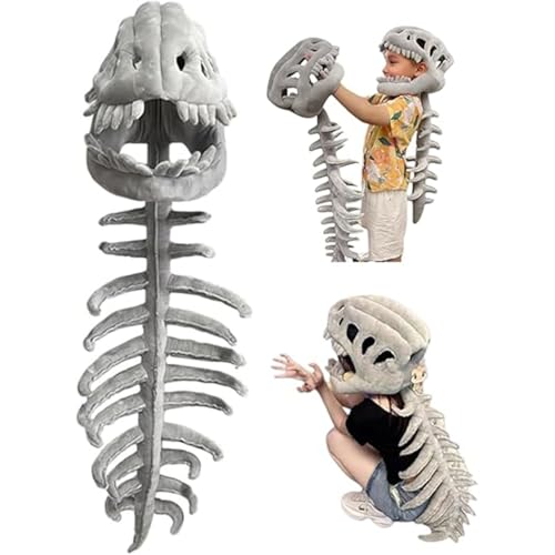 Sachie Dinosaur Skeleton Costume Set, Spinosaurus Skull Headpiece with Spine Back Piece Dino Outfit for Cosplay, Halloween & Parties (Grey-Small 31.5in 1PC)