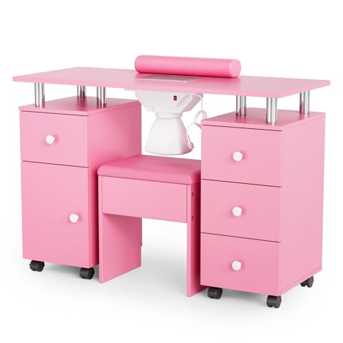 OmySalon Nail Desk and Chair Set, Manicure Table with Dust Collector, Arm Rest, 8 Wheels, Acetone Resistant Desktop, Drawers & Cabinet Storage for Makeup Beauty Salon (Pink)