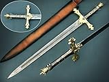 HUNTEX Exclusive Legendary Damascus Steel Medieval Crusader Excalibur Gold Replica Sword 37 Inch Long, Razor Sharp with Genuine Leather Scabbard