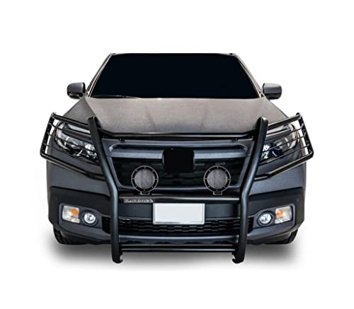 Image of Black Horse Grille brush Bumper Guard Modular Come with Pair of 5.3 inch Dia.LED Lights with Black Trim Rings Compatible with 2016-2019 Honda Ridgeline-17H01MA-PLFB