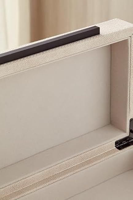 Ivory Shagreen Decorative Boxes with Lids Set of 3 - Large Leather Stacking Storage Boxes for Home Decor, Black Metal Handle Remote Control Box, Modern Jewelry Box for Shelves, Coffee Table