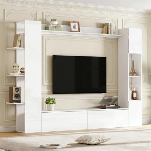 Sweiko Meuble TV Mural Brillant avec Porte de Placard à abattant, Ensemble Buffet TV avec Vitrine et Bibliothèque, Grand Meuble de Rangement pour Salon...