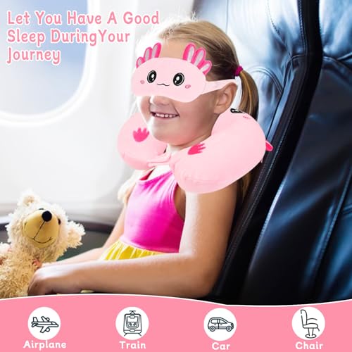Image of Travel Pillow, Kids Travel Pillow with Sleep Eye Mask Soft Memory Foam Kids Neck Pillow for Boys & Girls, Travel Accessories for Car Airplane Traveling - Axolotl