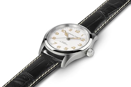 Image of Hamilton Khaki Field Murph Automatic Men's Watch, 38mm Stainless Steel Case, Swiss Made, White Dial Analog Wrist Watch for Men, 100m Waterproof, Sapphire Crystal, 3-Hand Movement, Calf Leather Strap