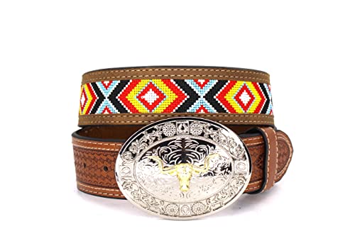 Embroidery Fabric Belt Aztec Print Men Women Cowboy Genuine Leather