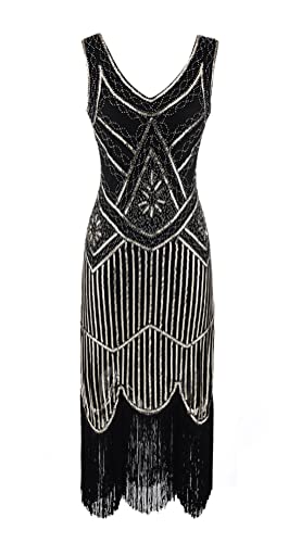 Tomwell Femme 1920 Robe Flapper Robe de Soirée Frangée avec Paillette Robe Perlée sans Manche pour Fête Bal Robes de Cocktail Soirée Art Déco C Or XL