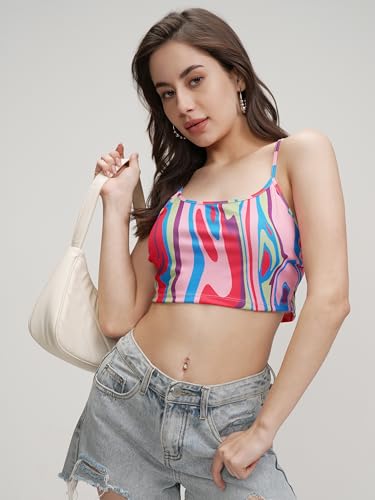 Image of Tokyo Talkies Women's Graphic Print Fitted Crop Top | Shoulder Straps | Chic & Versatile Cut Out | Perfect for Casual & Layered Looks | Tops for Woman | Women Tops | Women Crop Top