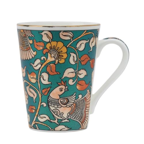 Image of GOLDEN QUEEN'S Mugs Set Of 2 For Coffee, Tea, Milk - Ideal For Your Daily Beverage Ritual, Hosting & Casual Gatherings | 24 K Gold On Rim - Kalamkari Hues In Green, 300 Ml