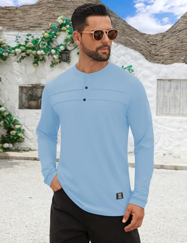 Hardaddy Men's Henley Button Up Shirts Long Sleeve Pleated Front Letter Print Casual Tee2