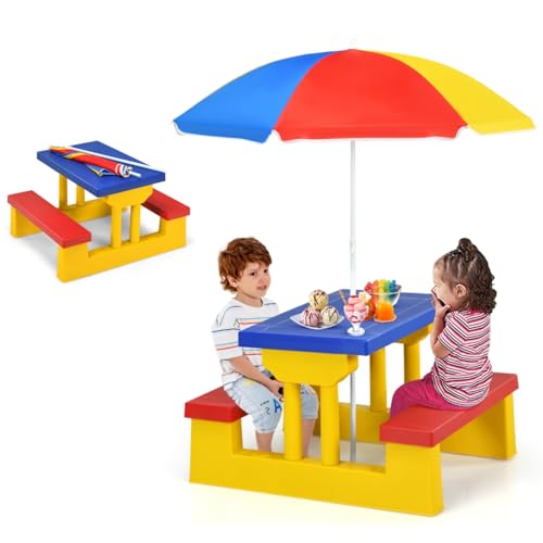 MAT EXPERT Kids Picnic Table, Plastic Toddler Picnic Table & Chair Set w/Removable & Foldable & Height-Adjustable Umbrella, Children Patio Furniture, Kids Outdoor Table for Garden Backyard (Multi)