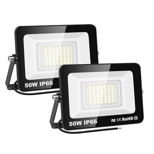 PICAA 2PCS 50W LED Flood Lights Outdoor, Super Bright Security Lights, IP66 Waterproof Floodlight