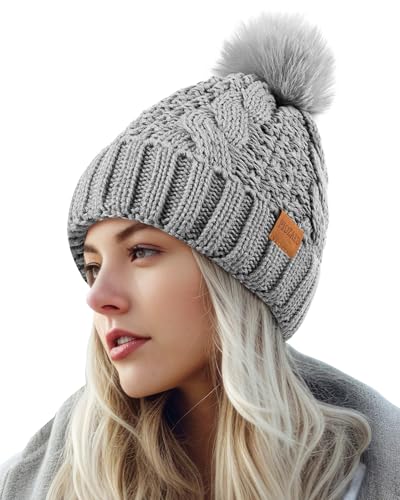 PIOZAED Women's Winter Pompom Beanie Warm and Cozy Knit Hat Fleece Lining Skull Cap for Women Grey