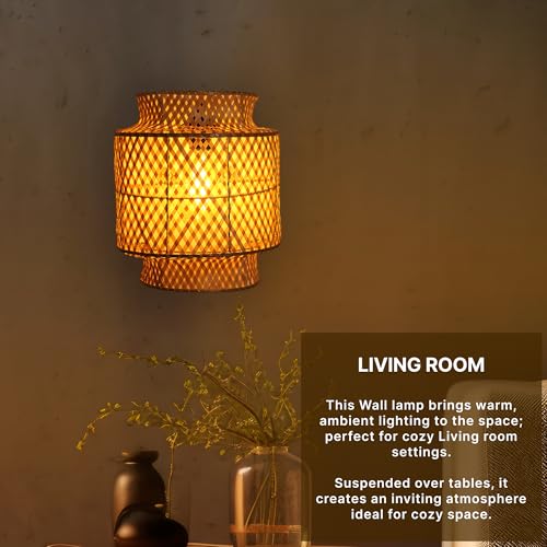Image of Habere India-All the Cultures Fabricating India Bamboo Wall Lamps | Cane and Rattan for Living Rooms | Cafe Lights | Raffia Wall Lamp | Lamps for Bedroom (Medium: L23 x W29 x H17 cm)