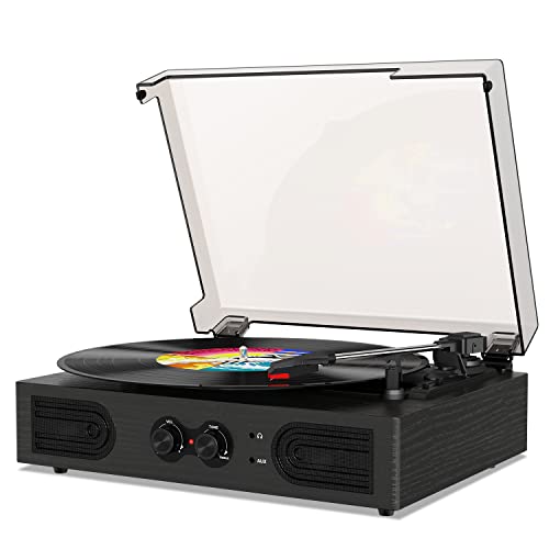 Bluetooth Record Player with Built-in Speakers, 3-Speed Belt-Drive Turntable, Bass & Treble Control, Compact Vinyl Player with RCA Output, AUX-in, Headphone Jack, Black Wooden by TANLANIN - Used condition - US$37.23