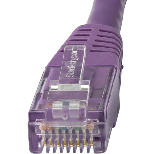 Image of StarTech 50ft CAT6 Ethernet Cable - Purple CAT 6 Gigabit Ethernet Wire -250Mhz 100W PoE RJ45 UTP Molded Network Patch Cord with Strain Relief (C6PATCH50PL) | 250MHz bandwidth, Gold-plated RJ45, Patch Cable, Ethernet Cord, UTP Molded Network, Strain Relief, 10Gbps speeds