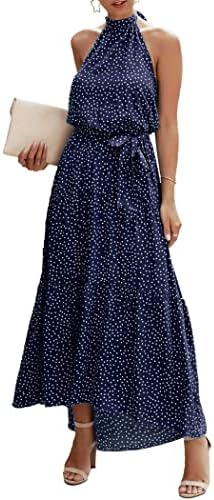 PRETTYGARDEN Women’s Casual Halter Neck Sleeveless Floral Long Maxi Dress Backless Loose Ruffle Sundress with Belt (Navy,X-Large)