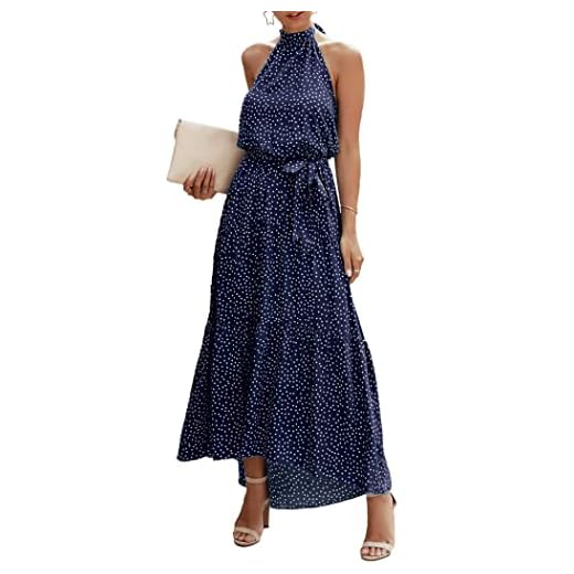 PRETTYGARDEN Women’s Casual Halter Neck Sleeveless Floral Long Maxi Dress Backless Loose Ruffle Sundress with Belt (Navy,Medium)