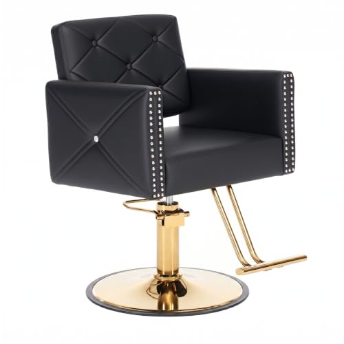 Image of Barber Chair with Rivets, Black Salon Chair for Hair Stylist, 360 Degree Swivel, Heavy Duty Hydraulic Pump, Professional Styling Chair for Salon and Spa, Gold