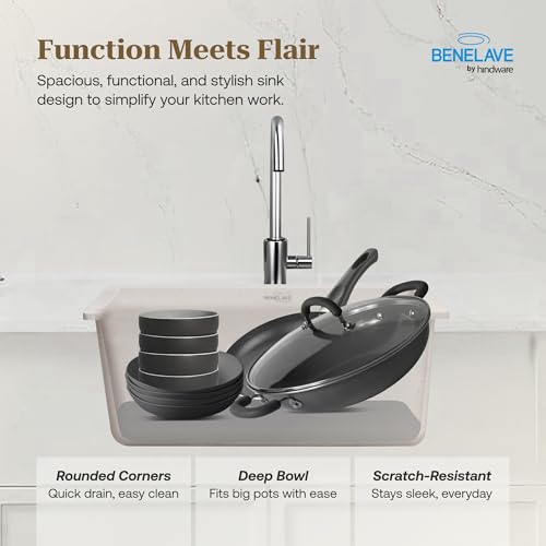 Image of Benelave by Hindware BLACP91010 Quartz Sink 21x18 for Kitchen | Single Bowl | White Color | Better Sound Absorption for Quieter Use | 7-year Manufacturer Warranty