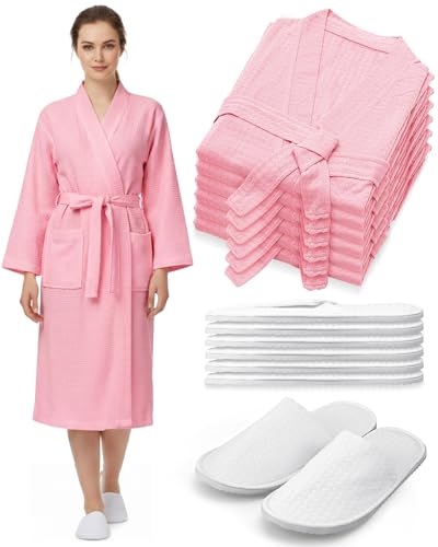Image of Jecery Waffle Bathrobe and Slippers Bulk Set Spa Robes Hotel Bath Lightweight Thin Commercial Soft for House Shower Party